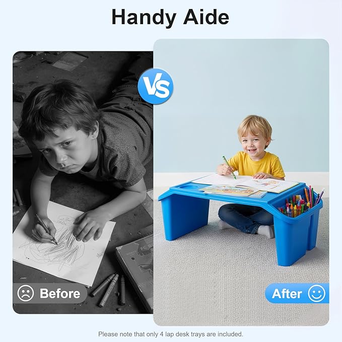 Mind Reader Kids Lap Desk, 4 PCS Kids Lap Desk Bulk Tray Lap, Portable Activity Tray with Side Storage, Stackable Plastic Desk Table for Students Drawing, Snacks, Study (Colorful, Large)