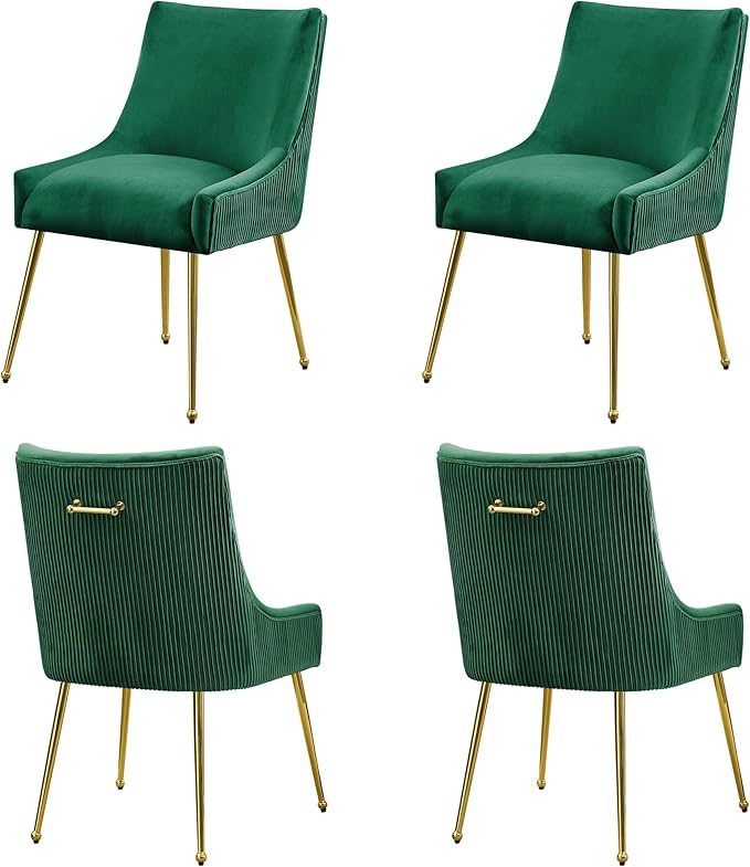 WUTUTUEE Velvet Dining Chairs Set of 4 Gold Legs,Upholstered Velvet Accent Chairs, Pleated Back Design & Gold Pull Handle, Mid Century Modern Chairs for Dining/Kitchen/Living Room,Green