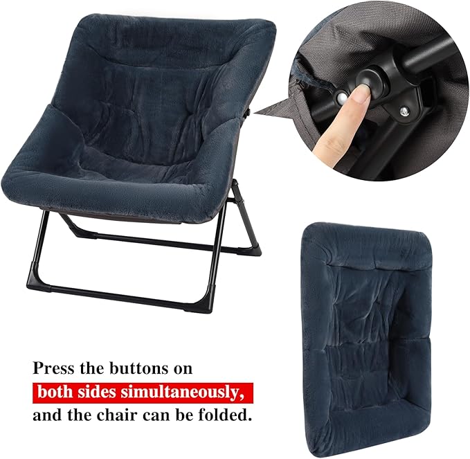 Comfy Saucer Chair for Adults, Set of 2, Soft Faux Fur Bedroom Chair, Accent Dorm Chairs, Flexible Living Room Reading Chairs, Oversized Folding Lounge Seat for Teens, X-Large, Navy Blue