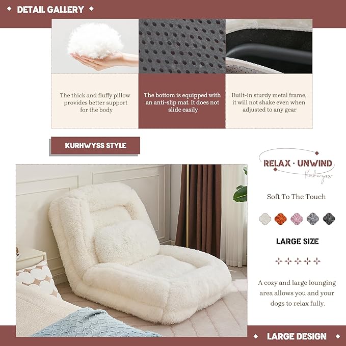 Upholstered Human Dog Bed for Adult & Pets, Convertible Lazy Sofa Bed with 5 Adjustable Position, Comfy Tatami Bean Bag Lounge Chair with 2 Soft Pillows for Bedroom Living Room (Beige Fluffy)