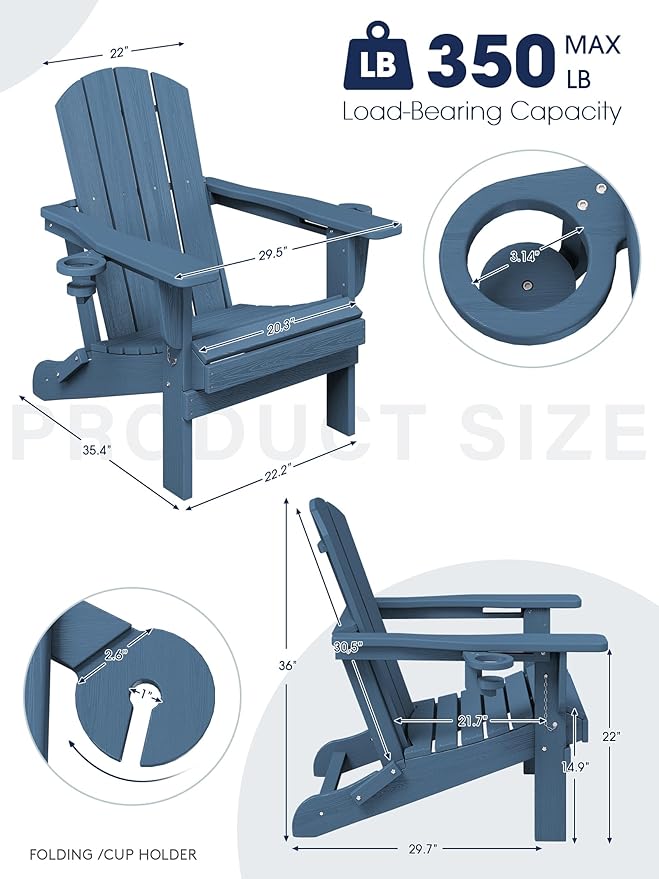 KINGYES Folding Adirondack Chair Set of 2, Dual Cup Holders & All-Weather HDPE, Wood-Like Patio Chair for Backyard, Camping, Pool & Fire Pit, Blue