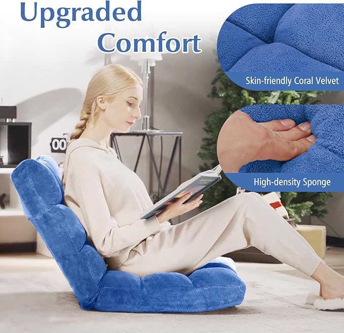 ARLIME Adjustable Floor Chair, 14-Position Lazy Sofa Chair with Back Support & Thick Padding, Portable Foldable Floor Couch for Adults, Kids, Use in Bedroom, Living Room, Home Theater (Blue)