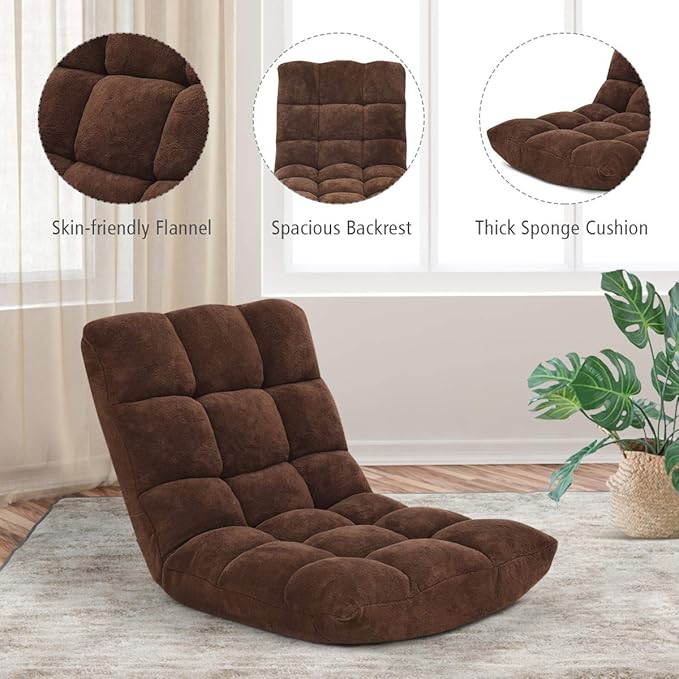 GOFLAME 14-Position Folding Floor Chair, Padded Gaming Lazy Sofa Chair with Adjustable Backrest, Couch Recliner, Sleeper Bed Lounge Chair for Reading, Gaming, Meditating (Brown)