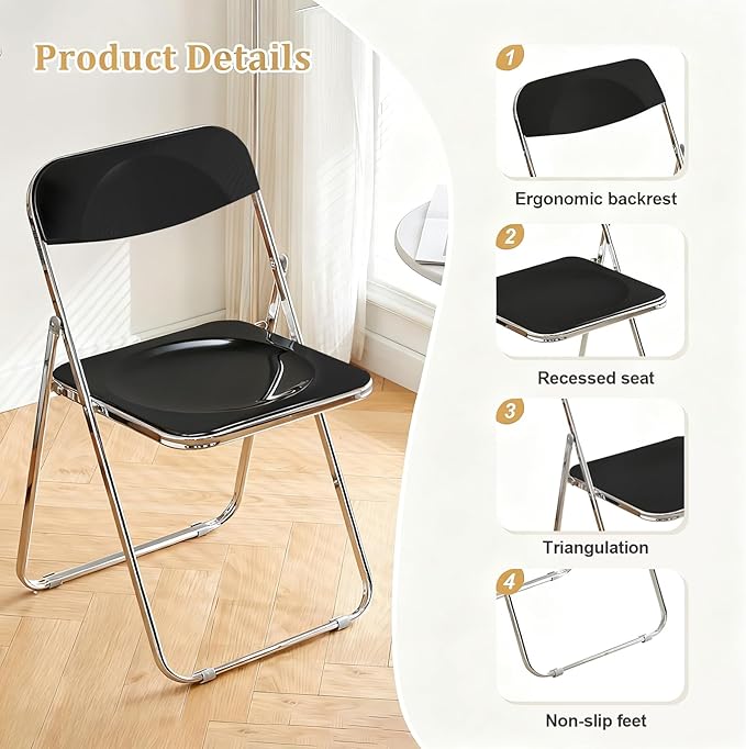 Folding Chair 6 Pack Acrylic Foldable Portable Plastic Chair,Easy to Use and Store Comfortable Portable Party Chairs for Home,Office,Party,Comfy,Black