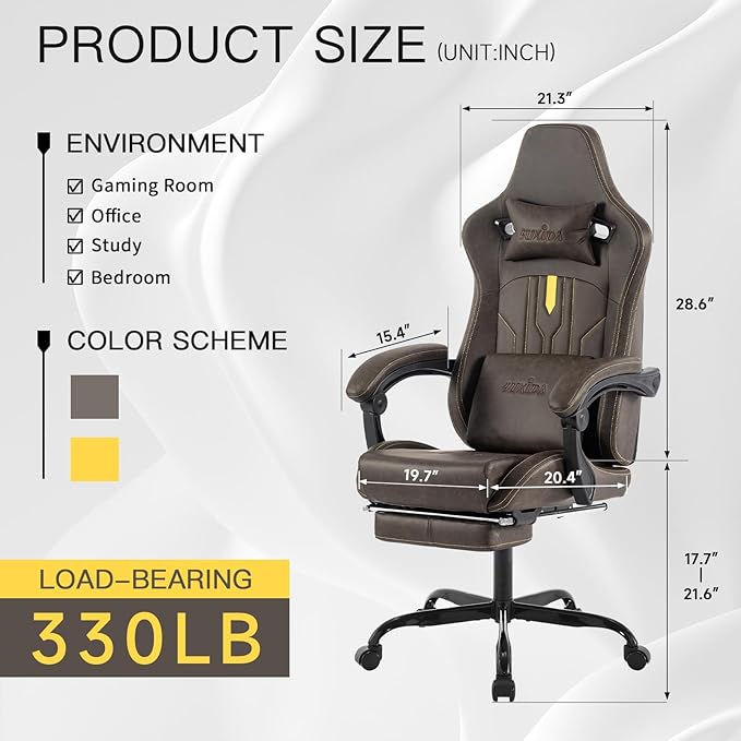 Gaming Chair with Footrest Ergonomic Computer Chair Massage Lumbar Cushion, Racing Video Game Chair Adjustable Rocker Recliner Executive Office Desk Chair Pu Leather for Adults