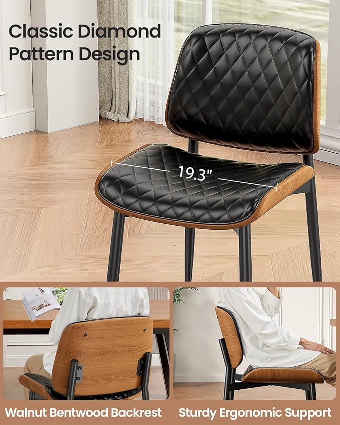 Dining Chairs Set of 6, Mid-Century Modern Upholstered PU Leather Chairs with Walnut Back and Metal Legs Adjustable Feet for Kitchen Dining Room, Black Diamond Plaid