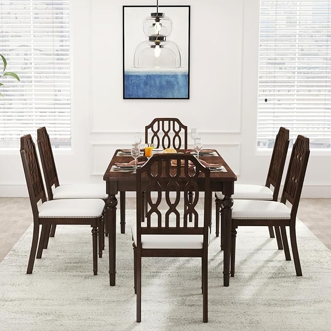 chairus Farmhouse Dining Chairs Set of 2, French Country Vintage Wooden Dining Room Chairs with Lattice Back & Turned Legs, Rustic Chenille Upholstered Nailhead Trim Side Kitchen Chairs, Walnut Brown