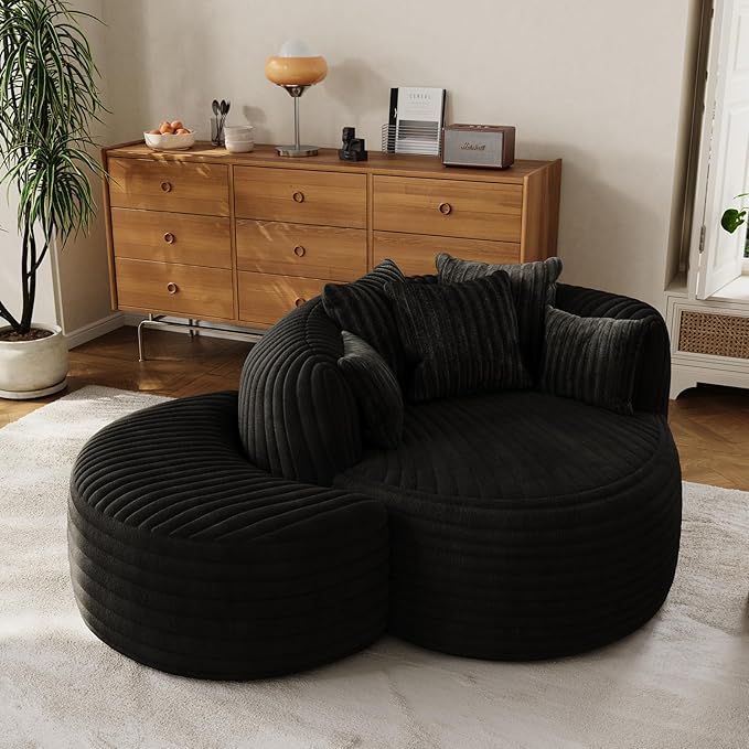 50" W Oversized Round Chaise Lounge Chair with Ottoman Indoor Boneless Plush Fluffy Corduroy Circle Couch Soft Comfy Cozy Cloud Reading Chair for Living Room, Playroom, Bedroom - Black