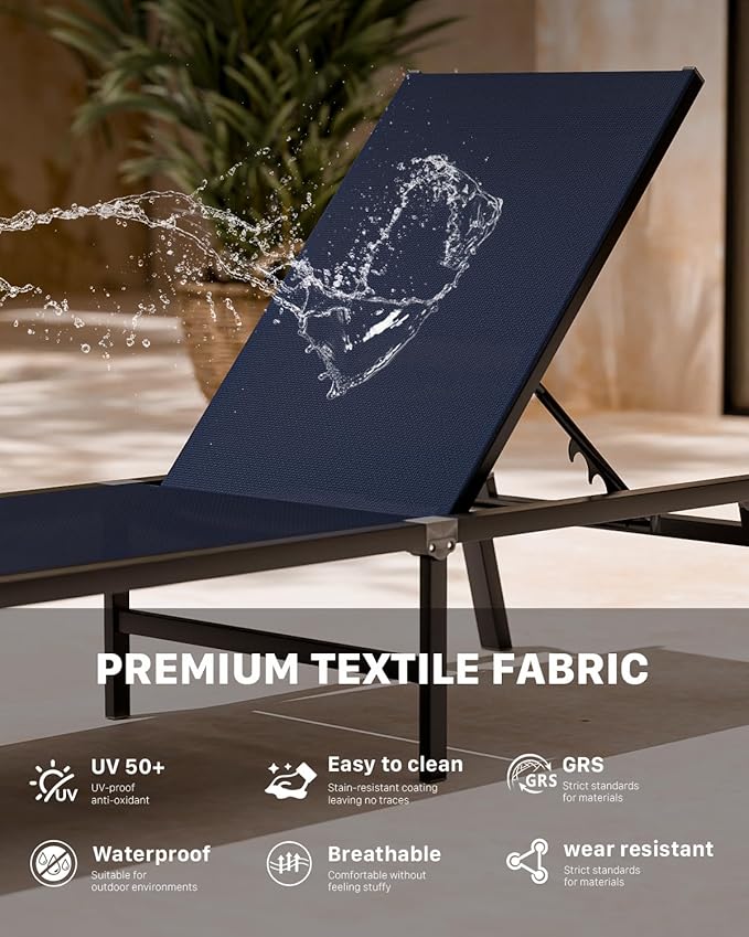 Aluminum Patio Chaise Lounge Chair Set of 2 with Side Table,5-Position Adjustable Backrest,Foldable Lounge Chair Outdoor,Pool Lounge Chairs for Poolside,Lawn,Deck,Beach (Navy Blue, 2 Pack+Table)