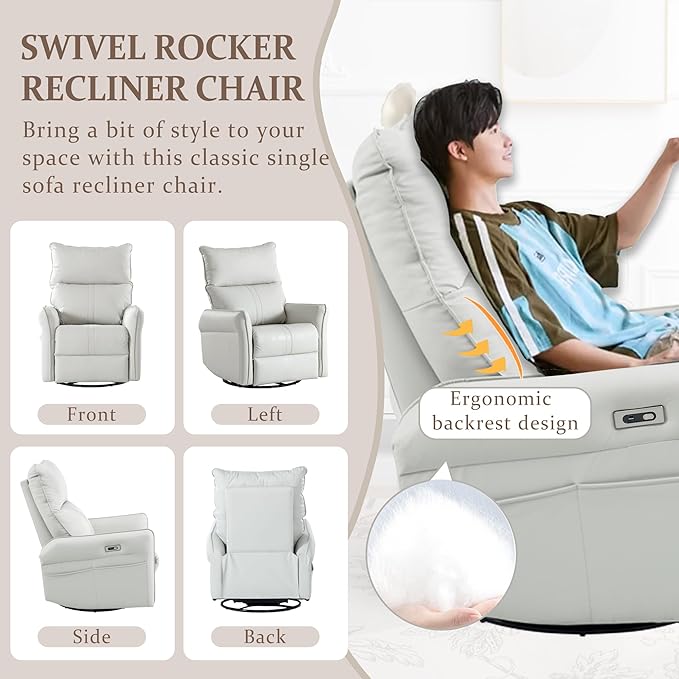 QKFF Power Swivel Rocker Recliner Chair for Nursery, Upholstered 270° Swivel Glider Rocker Chair with USB Ports, Small Power Recliners for Small Spaces Living Room (Light Grey)
