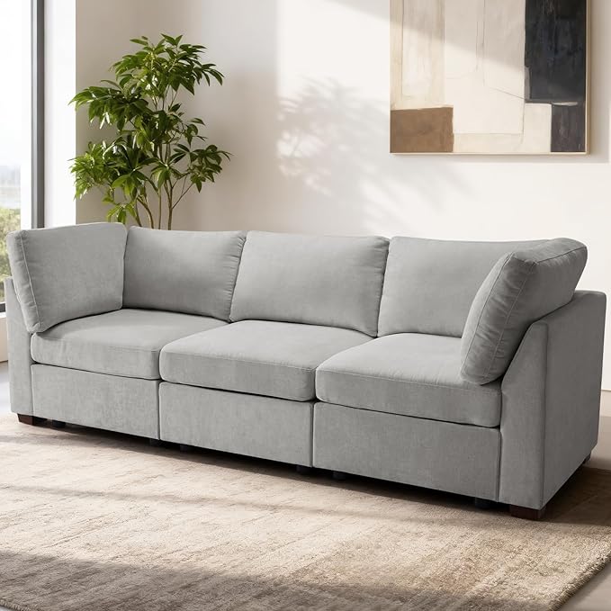 EDILLY 94 inches Oversized Modular Sectional Fabric Cloud Sofa Set, Extra Large L Shaped Couch Reversible Chaise Couch,3 Seat Modular Sofa, Light Grey