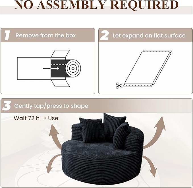 WJShome 50" Round Chaise Lounge Chair Indoor,Oversized Corduroy Upholstered Boneless Couch Deep Seat Sleeper Sofa Bed,No Assembly Required Couches for Living Room/Bedroom/Apartment,Black