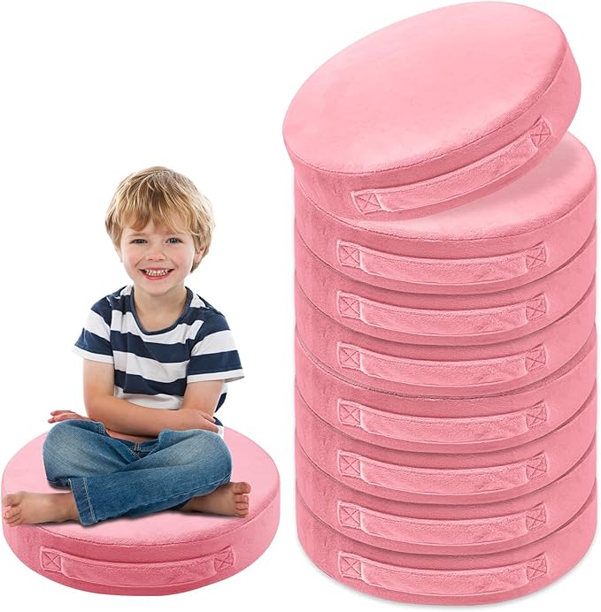 8 Pcs Round Floor Cushions for Kids, 15'' Plush Flexible Seating Pillows with Handles, Soft Chair Seats for Classroom Elementary Daycare Preschool Playroom Reading Corner Pink