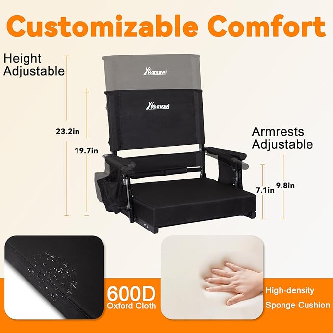 Romswi Stadium Seat with Height Adjustable High Back & Lumbar Support, 2-Pack Bleacher Chairs with 2 Height Adjustments, Armrests & Cup Holders, Comfortable & Portable, Black