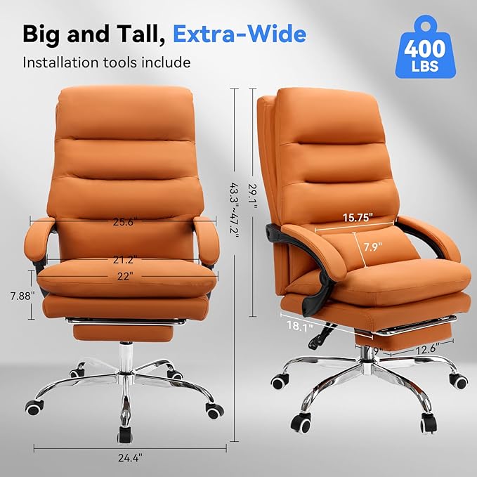 Holiwei Office Chair with Footrest, Big and Tall 400lbs Executive Desk Chair with Thickened Lumbar Support Pillow, High Back PU Leather Reclining Computer Chair, Ergonomic Swivel Task Chair, Brown