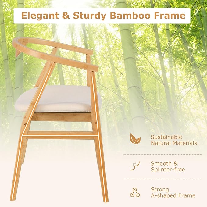 GOFLAME Bamboo Accent Chair Set of 2, Mid-Century Modern Armchair with Padded Seat, Curved Backrest and Wrap-Around Armrest, Upholstered Reading Chair, Leisure Chair for Living Room, Bedroom