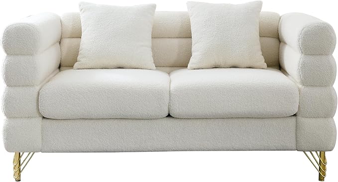 mikibama Modern Teddy Loveseat Sofa, 60 Inch Sectional Sofa Couch, Luxury 2 Seater Deep Couch with 2 Pillows and Gold Metal Legs for Living Room, Bedroom, Apartment (White)