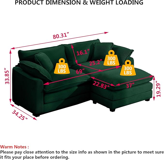 Aoowow Corduroy Loveseat Couch with Ottoman,Modern 2 Seater Cloud Couches for Living Room,Modular Sectional Cloud Sofas Deep Seat,Large L-Shaped Couch for Small Spaces (Green, 2 Seater + 1 Ottoman)