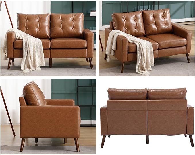 VESCASA 53" W Faux Leather Loveseat Sofa with Button Tufted Back, Mid Century Modern Upholstered 2 Seater Small Sofa Couch with Wood Legs, PU Leather Love Seats for Living Room/Bedroom, Caramel