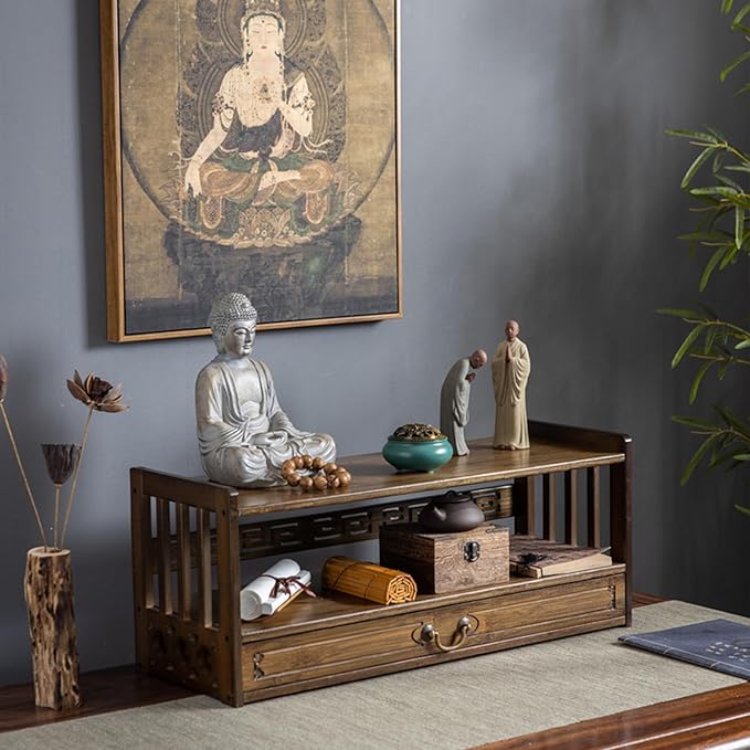 Low 3-Tier Meditation Table with Drawer,Bamboo Altar Tables,Puja Desks,Tatami Desk,27.2”W,Walnut Color