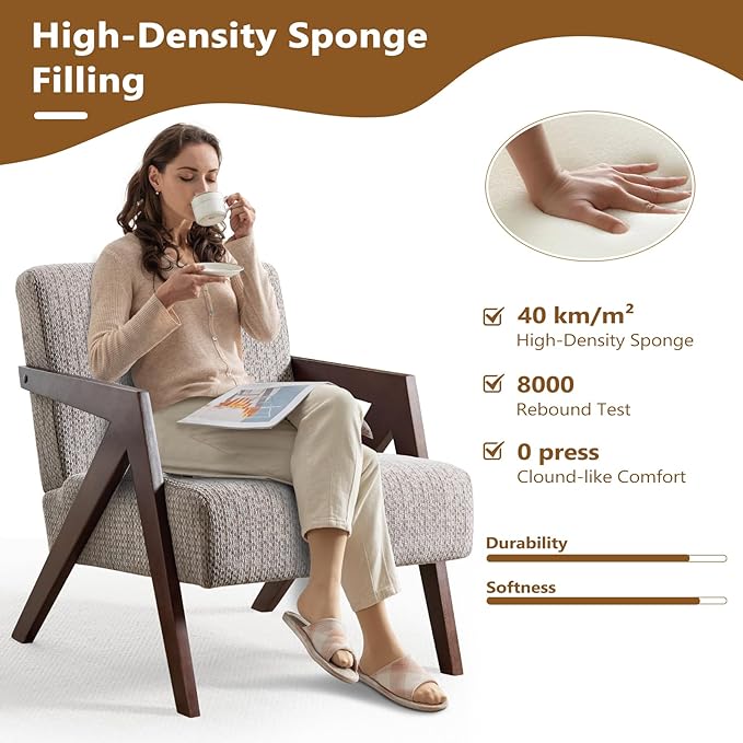 Bonzy Home Mid-Century Modern Accent Chair with Solid Wood Frame, Upholstered Armchair for Bedroom & Living Room,Reading Side Chair with Soft Lien Fabric Cushion,Easy Assembly