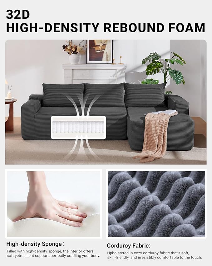 96 Inch Cloud Sectional Couch,Modern Modular Sectional Sofa with Deep Seat,Corduroy Boneless Couches with L-Shape Chaise for Living Room Bedroom,No Assembly Required (Grey, Right Facing Chaise)