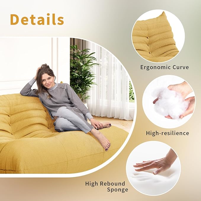 Foam Floor Lazy Couch Bean Bag Chair Sofa Fireside 2 Seat Lounger Couches for Adults Oversize Corduroy Cozy Chair for Home, Apartment and Gaming Venue,Yellow