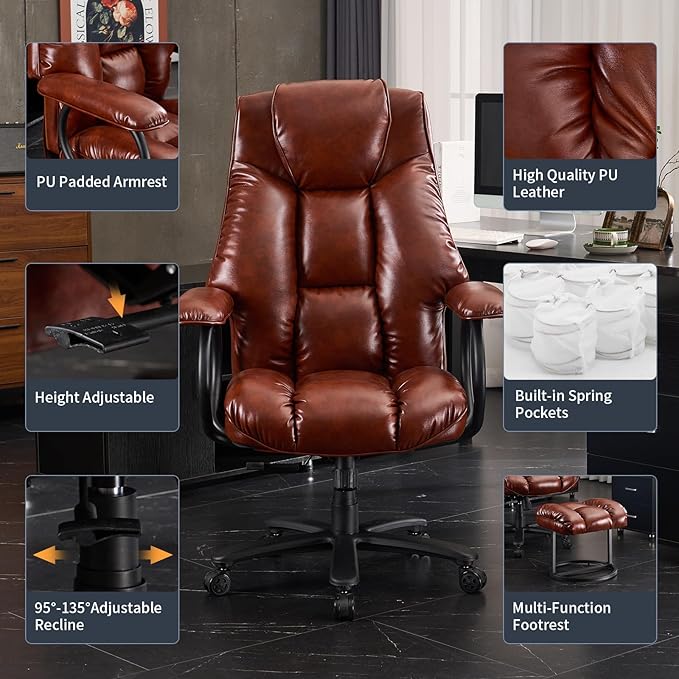 ATMILD Office Chair Big and Tall, High Back Ergonomic Office Chair with Padded Armrest, 400 lbs,PU Leather (Brown)