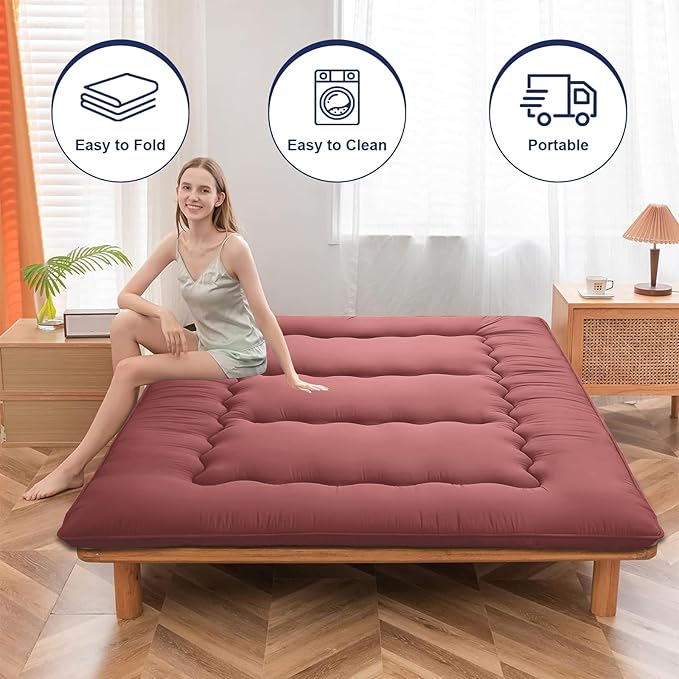 Japanese Floor Mattress,Thicken Japanese Floor Sleeping Pad Foldable,Roll Up Tatami Mat Easy to Store and Portable,Futon Mattress Suitable for Camping and Guest Room (Khaki, Twin (80" x 36"))