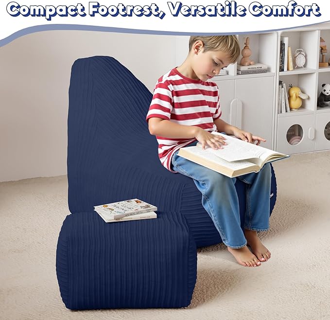 COMAX Kids Bean Bag Chair, Toddler Beanbag Chairs for Kids with Ottoman for Boys and Girls, Corduroy Couch Lounge with Filler Included, Floor Children Sofa Comfy for Reading and Classroom, Navy