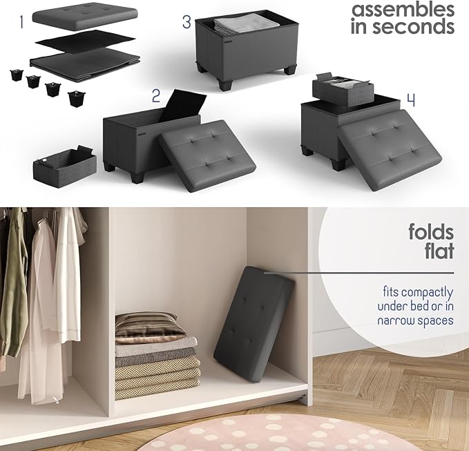 Storage Ottoman Cube with Small Bin, 16-in Square Ottoman with Storage for Living Room and Bedroom, Small Ottomans Foot Rest, Faux Leather Foot Stools Ottomans Max 330lbs, Grey