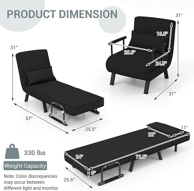 KOMFOTT Convertible Sleeper Chair Bed, 4-in-1 Folding Sofa Bed with 6-Position Adjustable Backrest, Upholstered Chaise Lounge with Removable Pillow, Leisure Recliner Lounge Couch for Home Office
