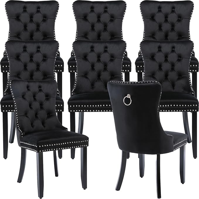 YeahFurn Black Mid Century Modern Dining Chairs Set of 8, Velvet Upholstered Kitchen & Dining Room Chairs with Nailhead Trim & Solid Wood Legs, Elegant Sillas De Comedor (Black, 8 Pcs)