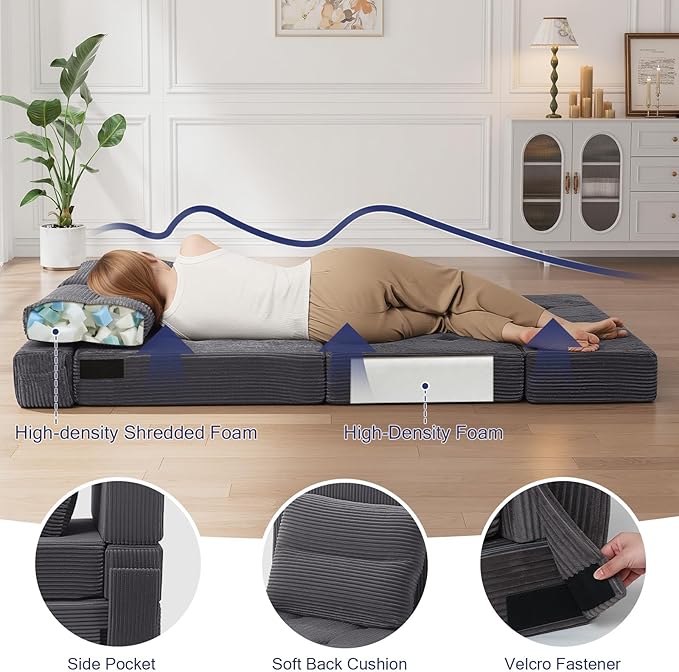 COMAX Folding Sofa Bed, Foldable Couch for Bedroom, Convertible Floor Sleeper Futon Chair Foam, Corduroy 3 in 1 Fold Out Chair Portable Comfy Lounge Couch Sofa Bed for Small Space, Twin, Grey