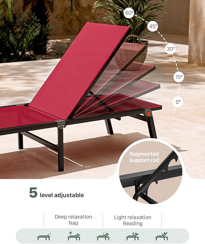 Aluminum Chaise Foldable Patio Lounge Chair Outdoor, Metal Deck Lounger Adjustable 5-Position Recliner Pool Chase Breathable Full Flat Outside Sun Tanning Chairs for Beach/Poolside/Lawn(Red, 2 Pack)