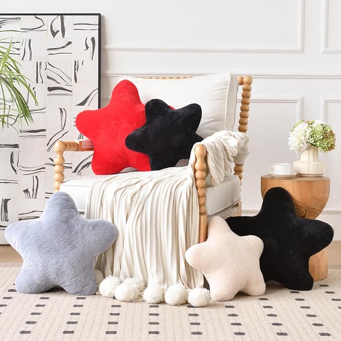 Xiashrk Star Pillow, Decorative Throw Pillows for Bed Couch, 15" Star Shaped Pillow Plush Floor Cushions Room Decor Pillow with Faux Rabbit Fur for Sofa Bedroom Living Room (Light Grey, 15" x 15")