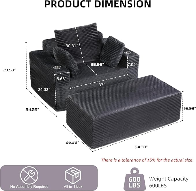 54"W Oversized Chaise Lounge Chair Indoor, Boneless Chaise Lounge Couch, Convertible Comfy Reading Chairs, Corduroy Sleeper Couch Chair for Living Room, Compression Sofa with Ottoman, Dark Grey