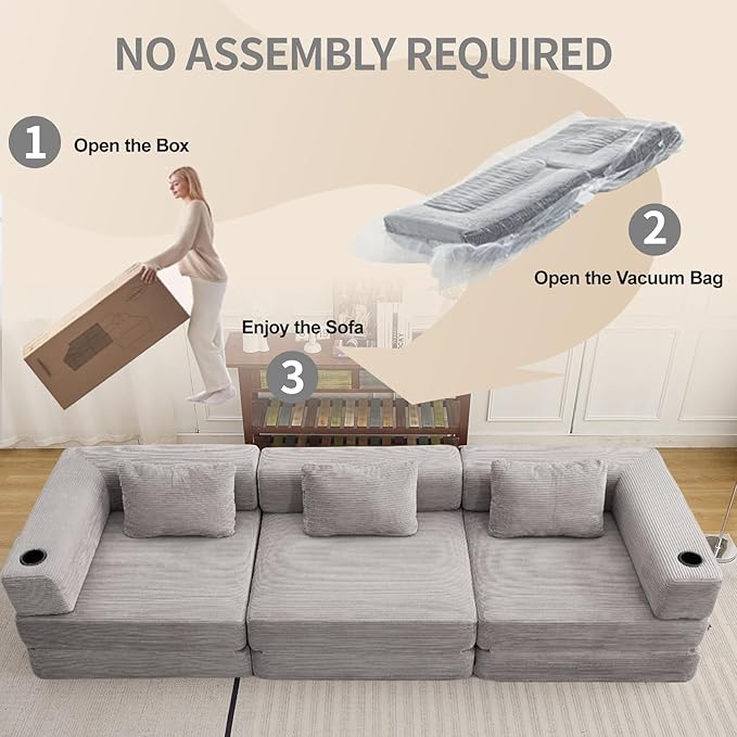 118" Oversized Convertible Sofa Bed, Modular Sectional Sofa with Cup Holder, Boneless Cloud Couch with Pillow Back & Armrest, Fold Out Floor Sofa for Living Room Bedroom Lounge, Corduroy, Light Grey