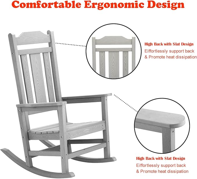 hOmeHua Rocking Chair, All-Weather Oversized Outdoor Indoor Chairs, Patio Fade-Resistant Porch Rocker Chair, Durable Smooth Rocking, Comfortable Easy to Assemble, Low Maintain (Gray)