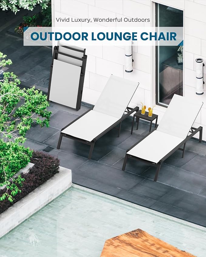 Vexwalx Foldable Lounge Chair Outdoor, Aluminum Pool Lounge Chairs with 5 Positions Recliner - No Assembly - Patio Chaise Lounge Chair for Outside, Poolside (White)