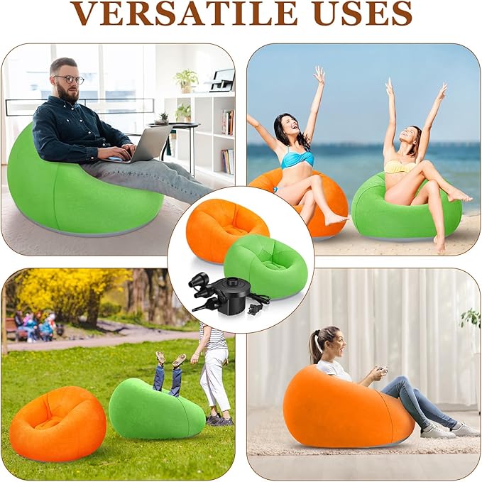 Realspring 2 Pcs Inflatable Bean Bag Chairs with Electric Air Pump Outdoor Blow up Chair Inflatable Lazy Sofa Folding Portable Loungers Couch for Living Room Bedroom(Orange, Green)