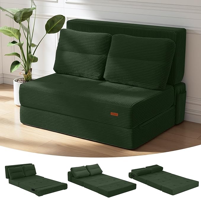 COMAX Folding Sofa Bed, Foldable Couch for Bedroom, Convertible Floor Sleeper Futon Chair Foam, Corduroy 3 in 1 Fold Out Chair Portable Comfy Lounge Couch Sofa Bed for Small Space, Twin, Green