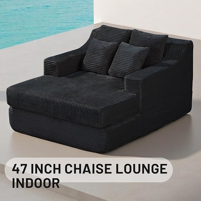 47" Boneless Chaise Lounge Chair Indoor,No Assembly Single Sleeper Upholstered Boneless Couch with 4 Pillows,Comfy Pet Friendly High Weight Capacity Foam for Bedroom,Living Room,Study Room,Black