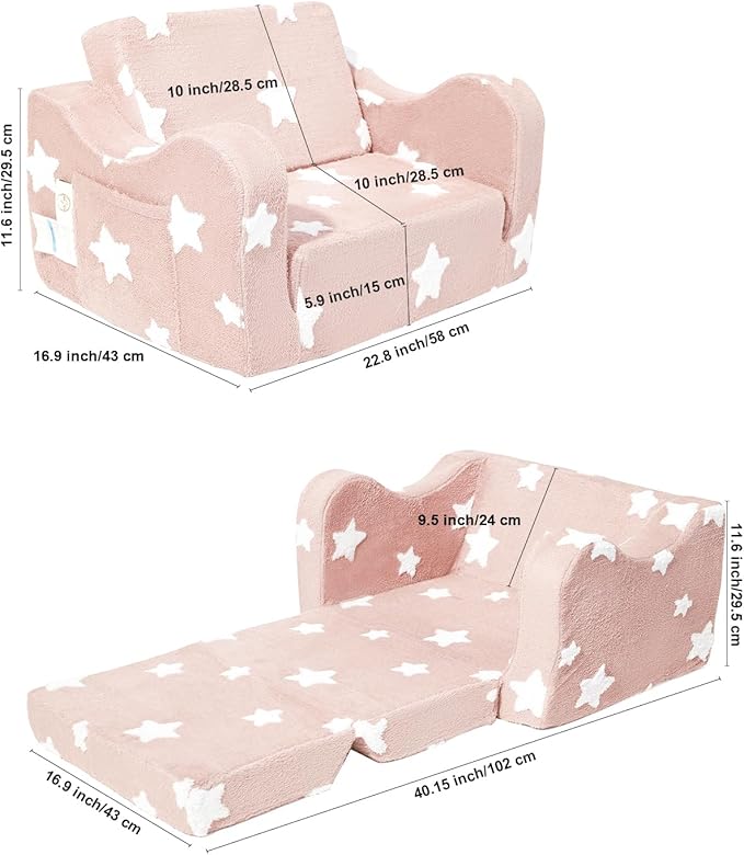 Toddler Couch, Kids Couch for Toddler Fold Out, 2-in-1 Convertible Kid Sofa to Lounger Bed for Girls and Boys, Ideal for Reading Sleeping Gaming Decor (Pink)