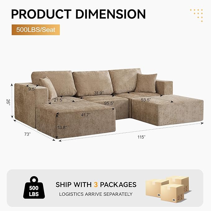 115'' Boneless U Shaped Modular Sectional Sofa, Deep Seat 3 Seater Chenille Couch with 2 Movable Ottomans, Convertible Sleeper Sofa with Chaise for Living Room, Camel
