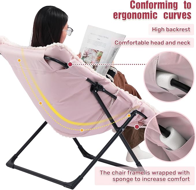 HollyHOME X-Large Saucer Chair, Comfy Oversized Folding Chair, Faux-Fur Reading Chair for Teens, Adults, Foldable Accent Chair, Metal Lounge Chair for Living Room, Bedroom, Dorm, Grid Champagne Pink