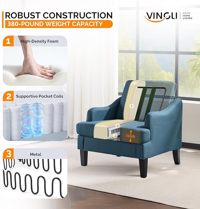 VINGLI Linen Fabric Accent Chairs Set of 2, Navy Blue Modern Upholstered Armchair, Comfy Sofa Chair Living Room Bedroom Furniture for Apartment