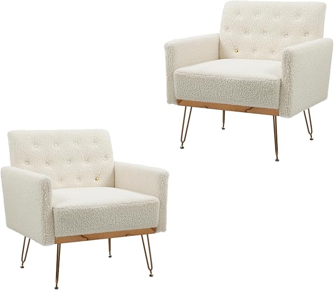 Accent Chair for Living Room, Comfy Oversized Velvet Upholstered Arm Chairs, Mid Century Modern Reading Single Sofa Side Chair with Tufted Back and Gold Legs for Bedroom (2, Teddy White)