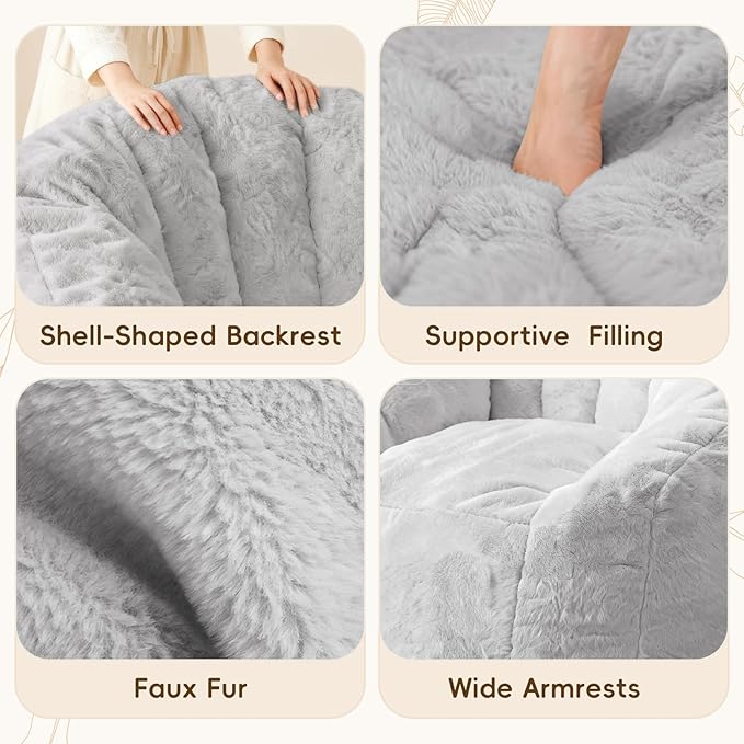 Giant Bean Bag Chair with Armrests 47 Inch Large Plush Bean Bag Couch for Adults and Kids Fluffy Faux Fur Shell-Shaped Oversized Comfy Stuffed Sofa with Filler for Living Room, Bedroom, Gray