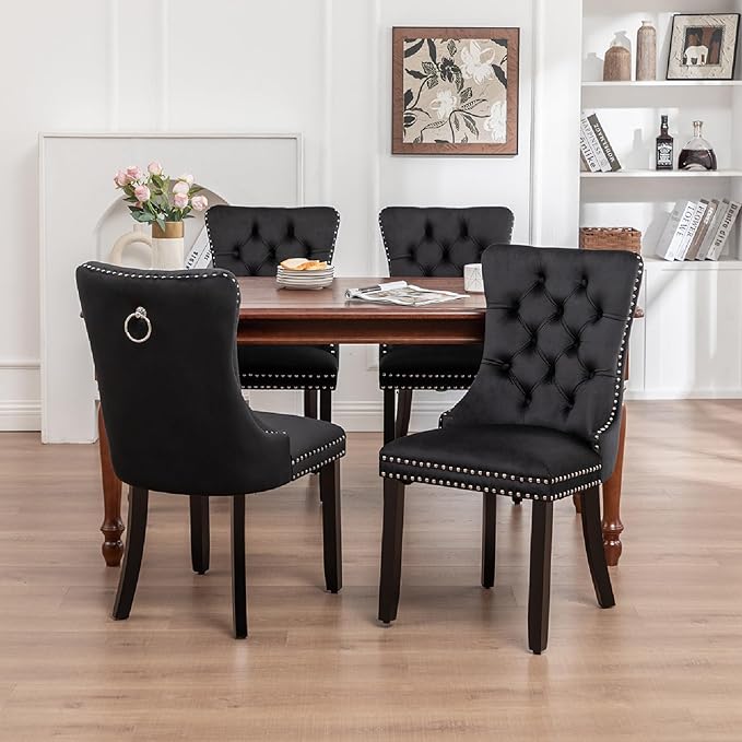 Kiztir Velvet Dining Chairs Set of 4, Upholstered Dining Room Chairs with Ring Pull Trim and Button Back, Luxury Tufted Dining Chairs for Living Room, Bedroom, Kitchen (Black)